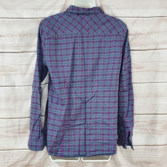 Eddie Bauer flannel shirt button up long sleeve plaid gray purple magenta pink M - Picture 4 of 8